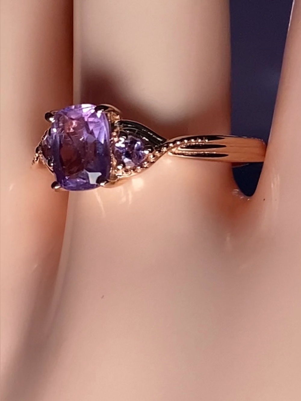 💜 Violet Veil Amethyst Trilogy Ring | Rose Gold Vintage Romance, Sz 10